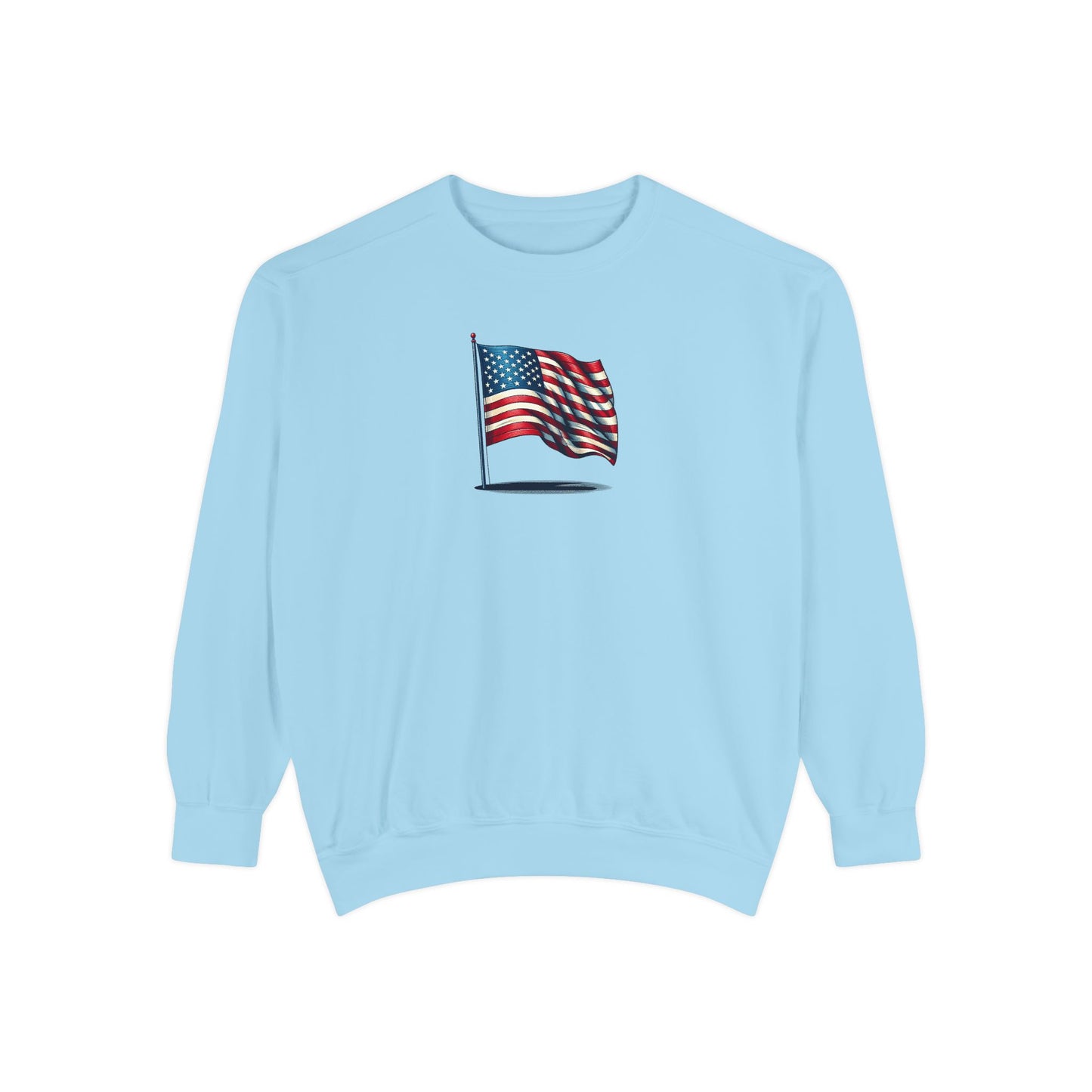 Patriotic Unisex Garment-Dyed Sweatshirt with Vintage American Flag, Cozy Fall Outfit, Statement Sweater, Gift for Veterans, Casual Fashion - TRV