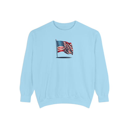 Patriotic Unisex Garment-Dyed Sweatshirt with Vintage American Flag, Cozy Fall Outfit, Statement Sweater, Gift for Veterans, Casual Fashion - TRV