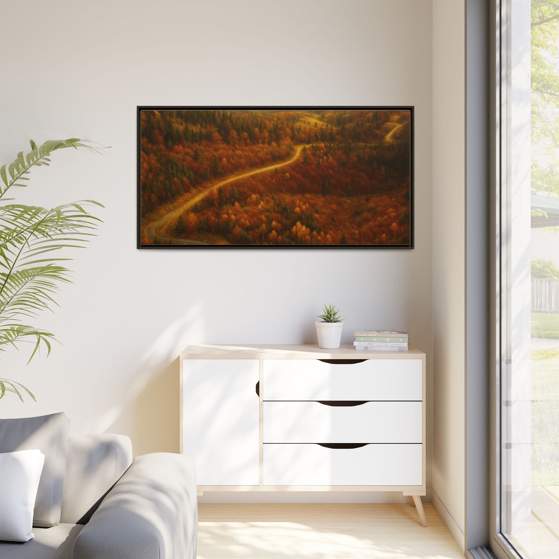 Autumn Landscape Framed Canvas Art, Cozy Home Decor, Warm Fall Vibes, Gift for Nature Lovers, Perfect for Thanksgiving - TRV