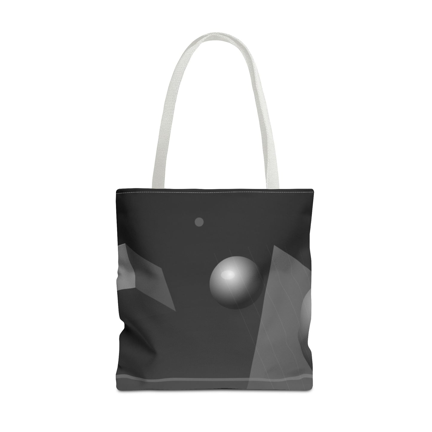 Abstract monochrome orb tote bag featuring a modern print, made of durable fabric with sturdy handles for everyday use.
