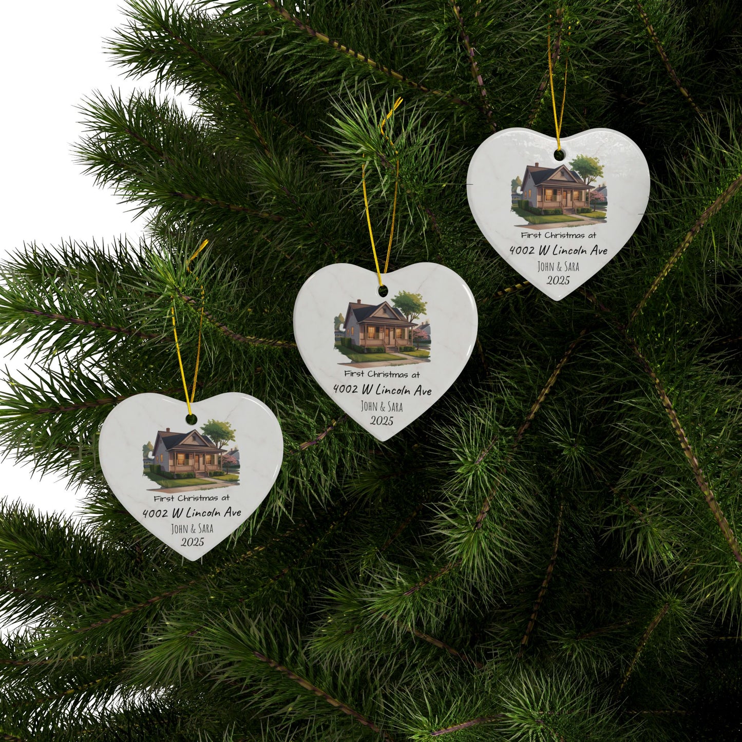 Custom House Illustration Ceramic Ornament | Personalized Address & Names, 2-Side Christmas Ornament - TRV