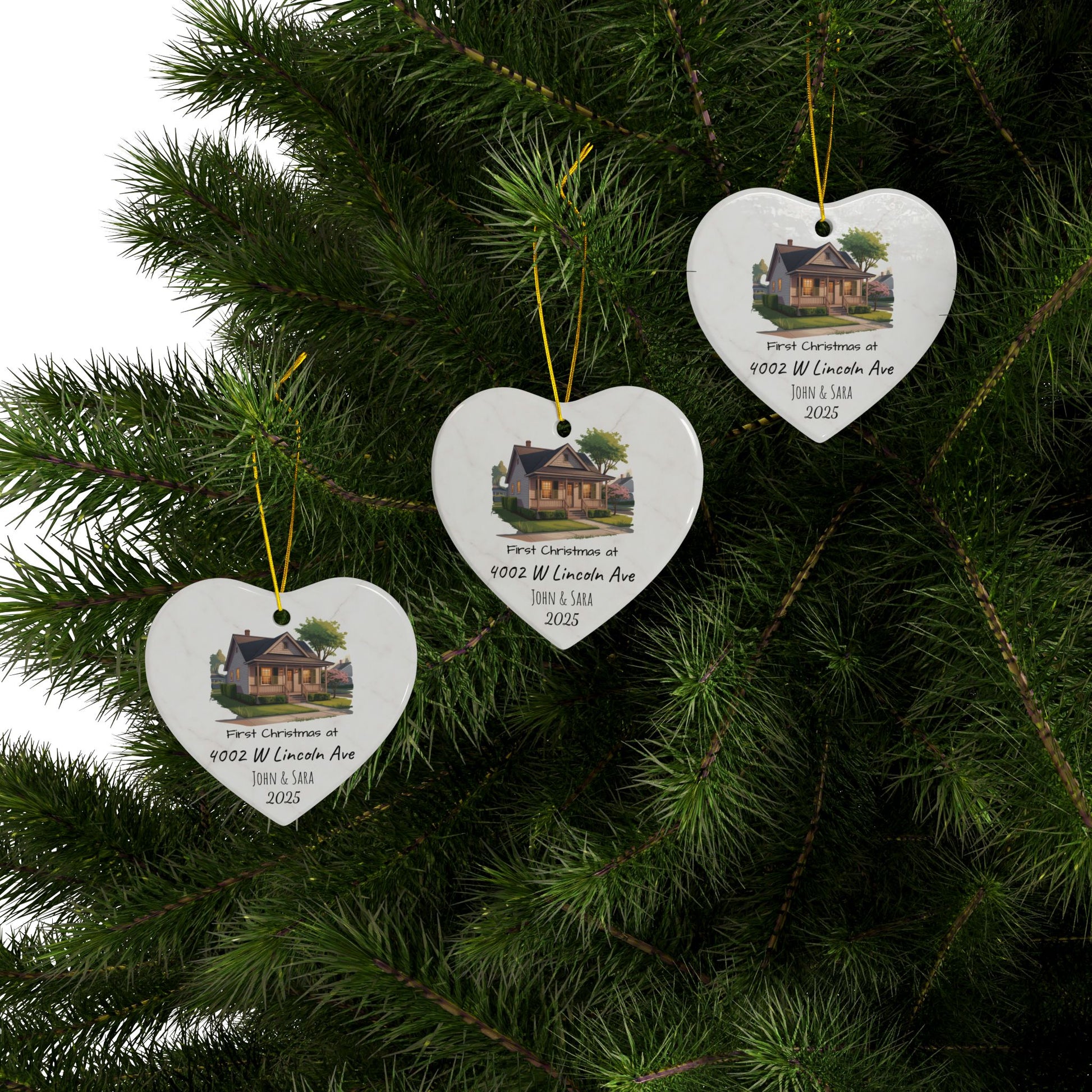 Custom House Illustration Ceramic Ornament | Personalized Address & Names, 2-Side Christmas Ornament - TRV