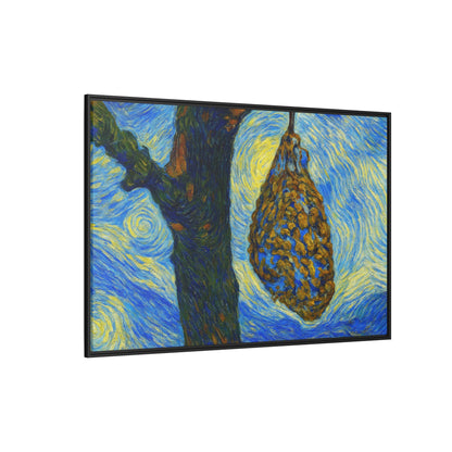 Framed Matte Canvas Art — Van Gogh-Style Swirling Night with Hanging Beehive