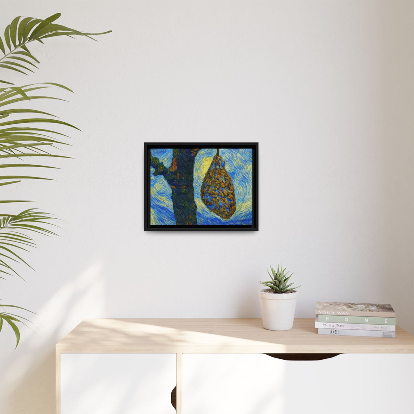 Framed Matte Canvas Art — Van Gogh-Style Swirling Night with Hanging Beehive