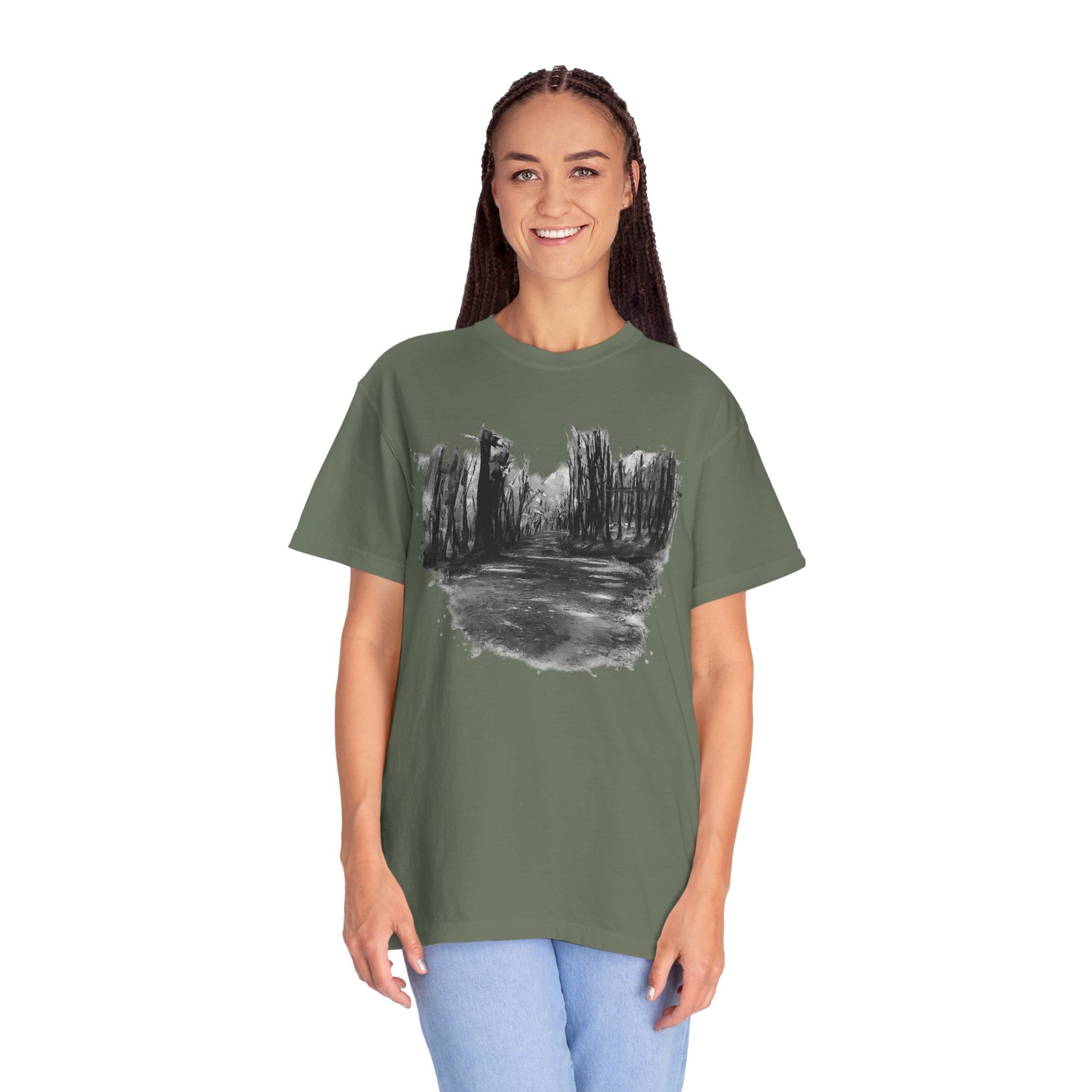 Artistic Forest Scene T-shirt | Nature Lover Gift, Outdoor Adventure Tee, Eco-Friendly Fashion, Vintage Inspired Clothing, Unisex Gift - TRV