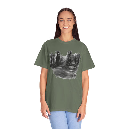 Artistic Forest Scene T-shirt | Nature Lover Gift, Outdoor Adventure Tee, Eco-Friendly Fashion, Vintage Inspired Clothing, Unisex Gift - TRV