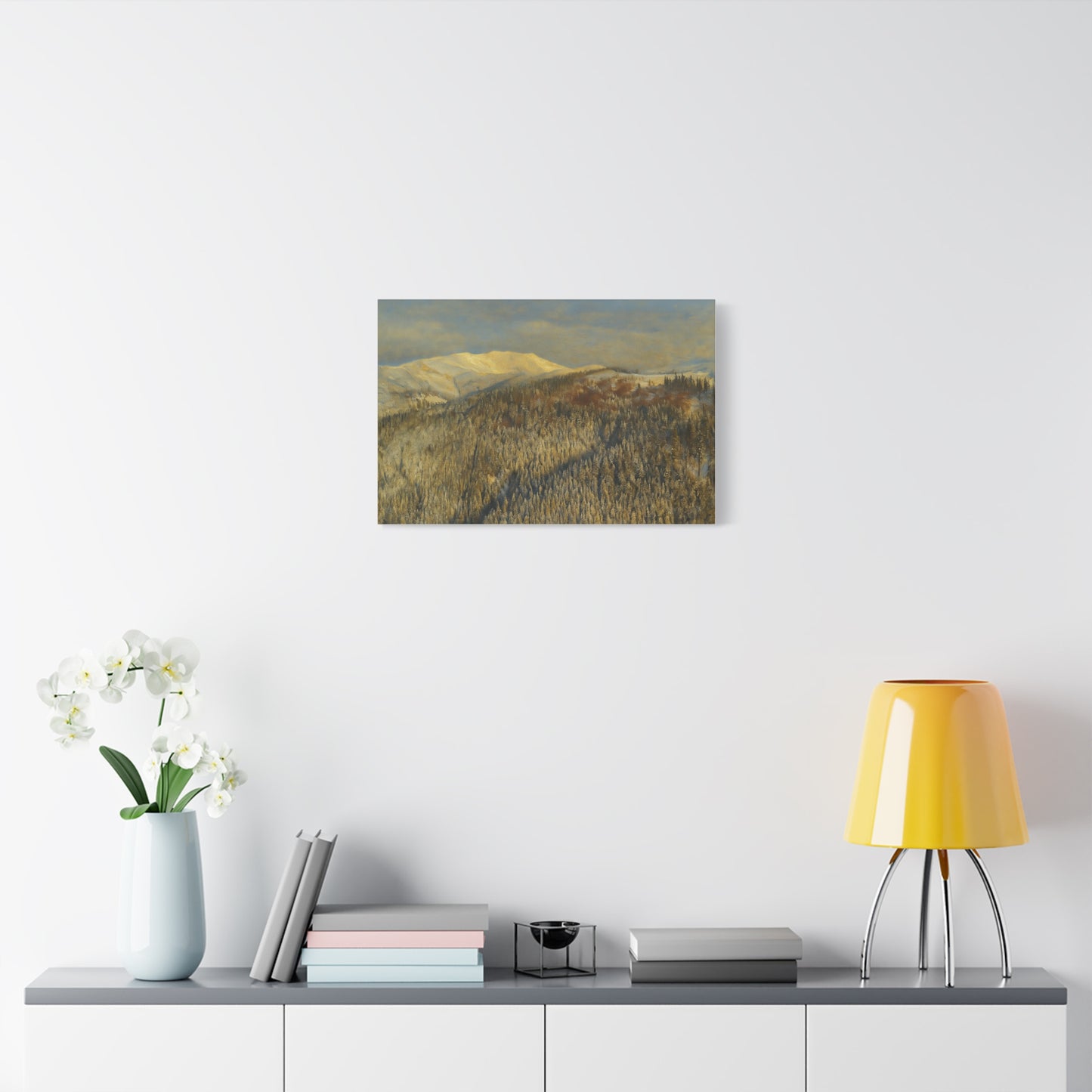 Mountain Serenity Stretched Canvas Art, Winter Landscape Wall Decor, Nature Print for Home, Gift for Nature Lovers, Cozy Interior Accent