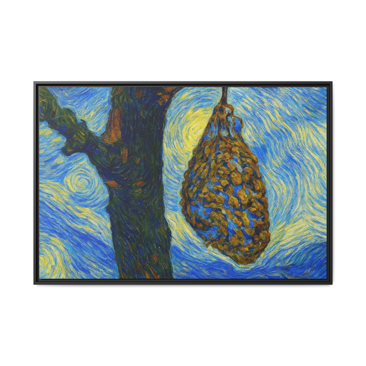 Framed Matte Canvas Art — Van Gogh-Style Swirling Night with Hanging Beehive