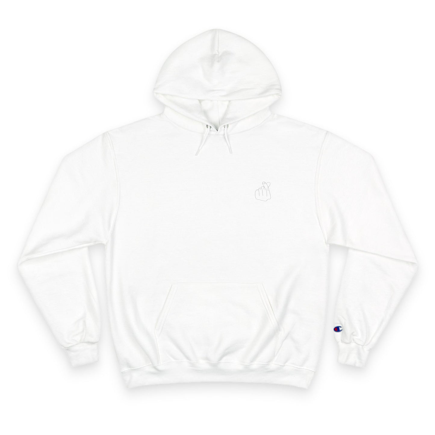 Champion Hoodie with Korean Finger Heart Graphic – Minimal White Pullover