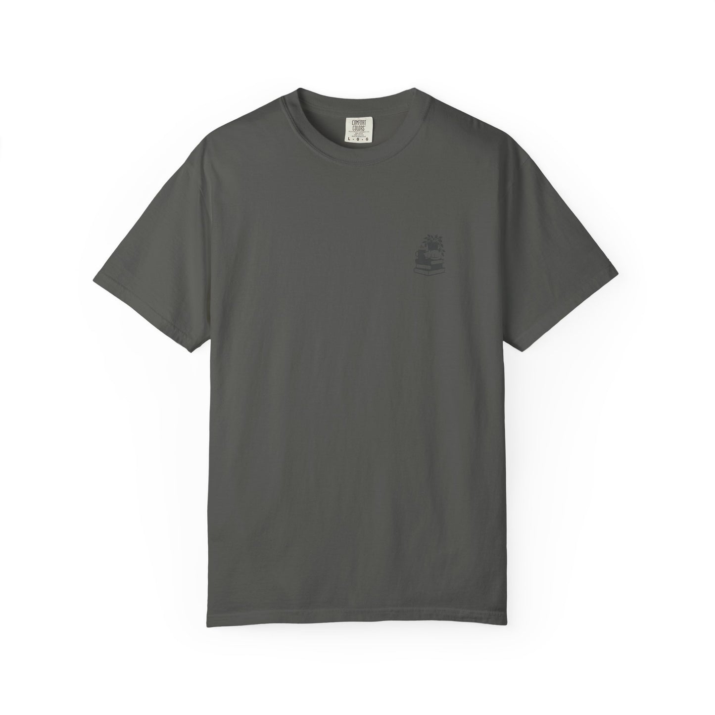 Cozy Cat on Books T-Shirt | Reading Tea Stack Illustration