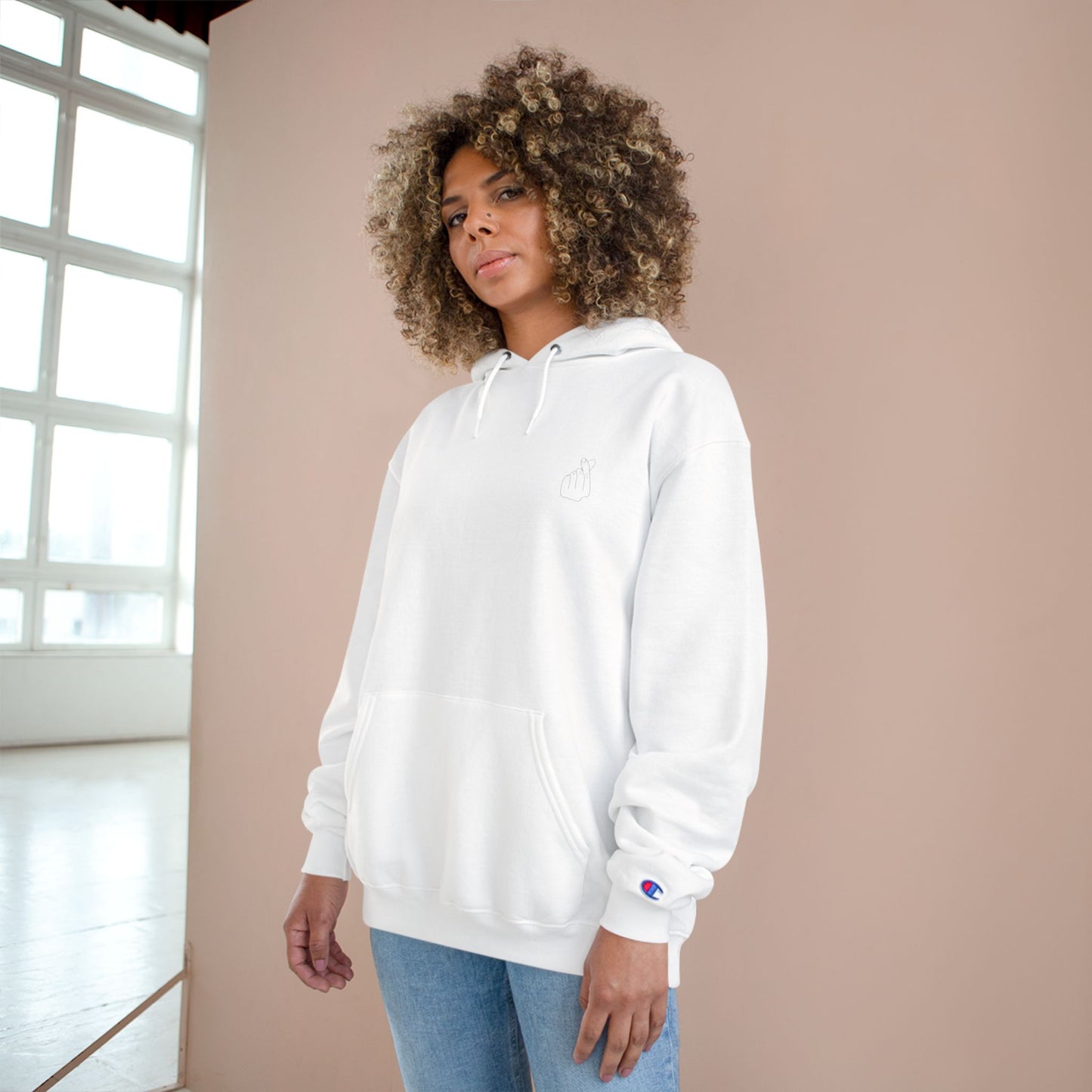 Champion Hoodie with Korean Finger Heart Graphic – Minimal White Pullover