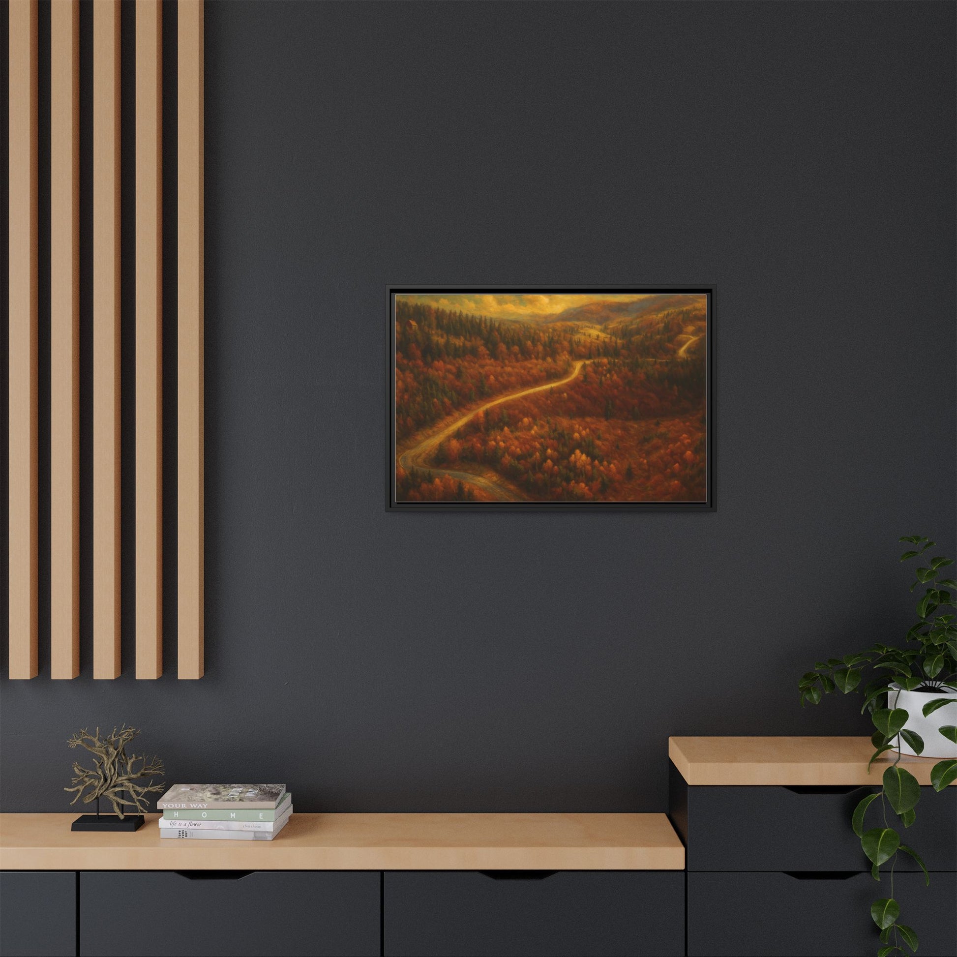 Autumn Landscape Framed Canvas Art, Cozy Home Decor, Warm Fall Vibes, Gift for Nature Lovers, Perfect for Thanksgiving - TRV