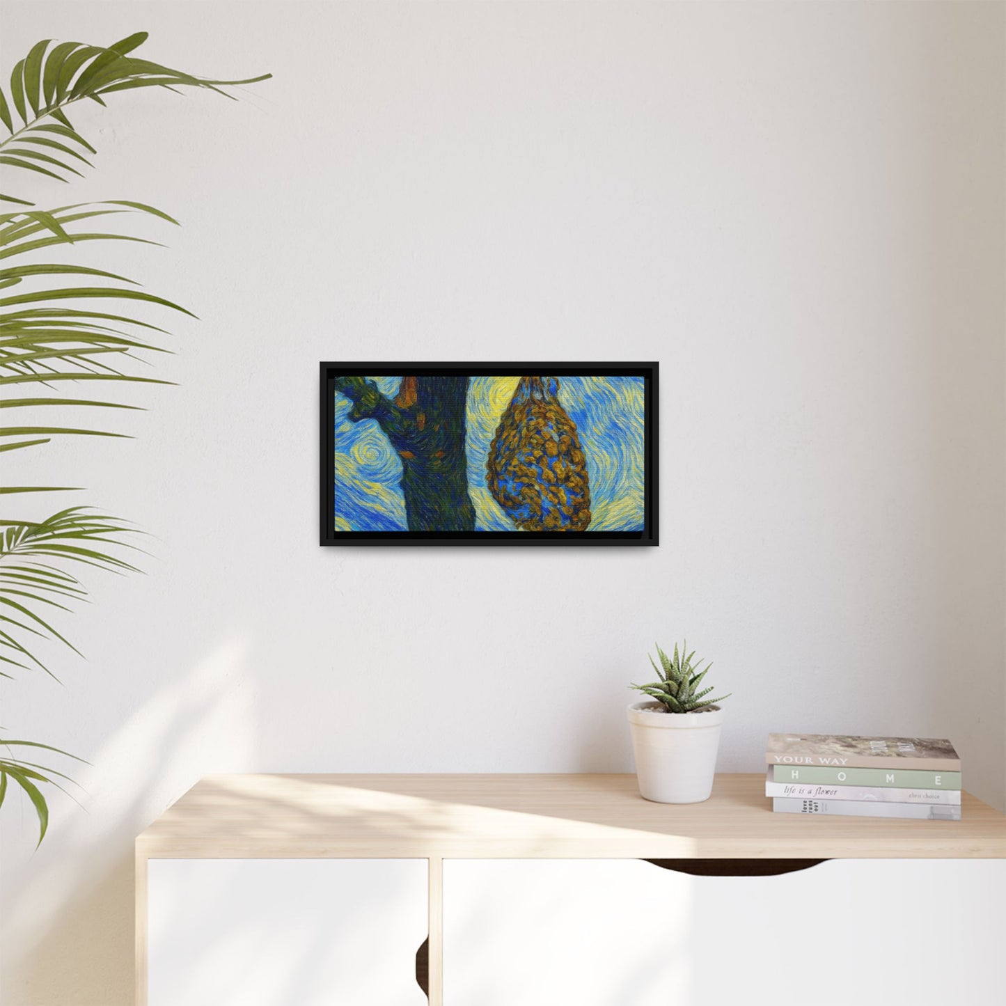 Framed Matte Canvas Art — Van Gogh-Style Swirling Night with Hanging Beehive