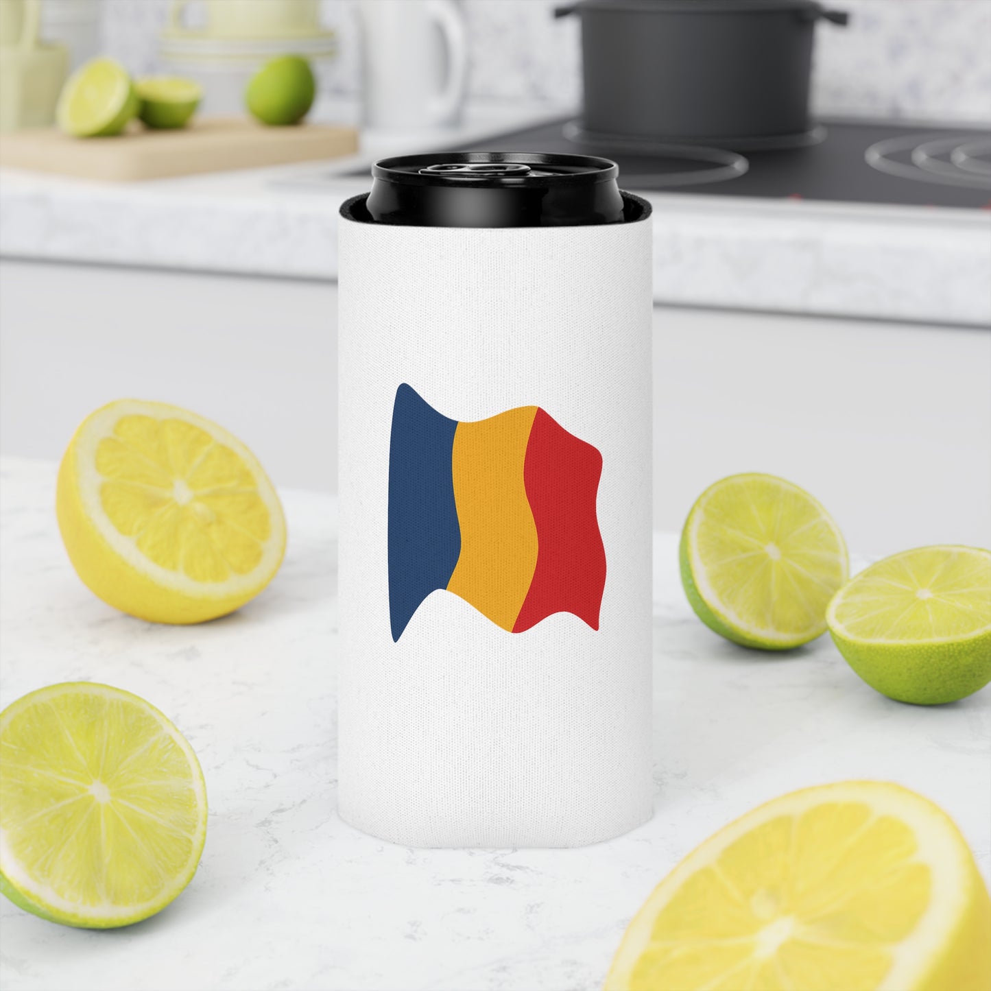 Romania Flag Can Cooler – Insulated Beer Koozie (Waving Tricolor)