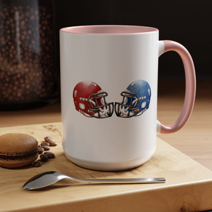 Football Helmet Coffee Mug — Red vs Blue Rivalry Accent Mug (11/15oz)