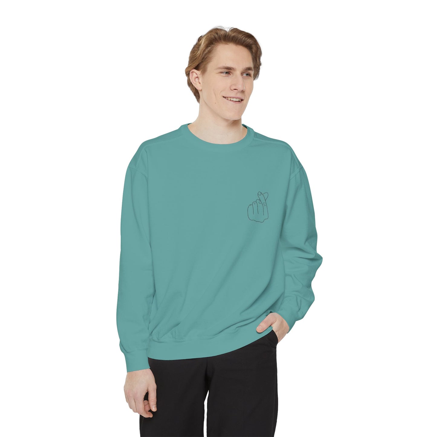 Minimalist Peace Hand Sweatshirt — Small Chest Line Art Crewneck