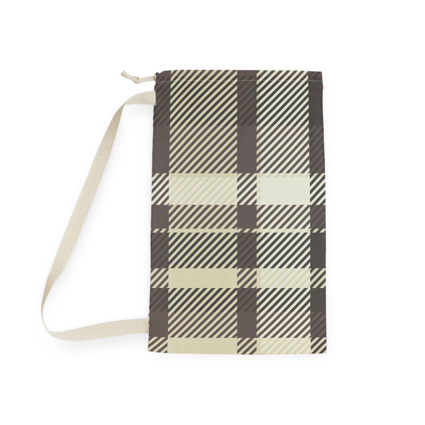 Plaid Laundry Bag — Beige & Brown Drawstring Wash Tote