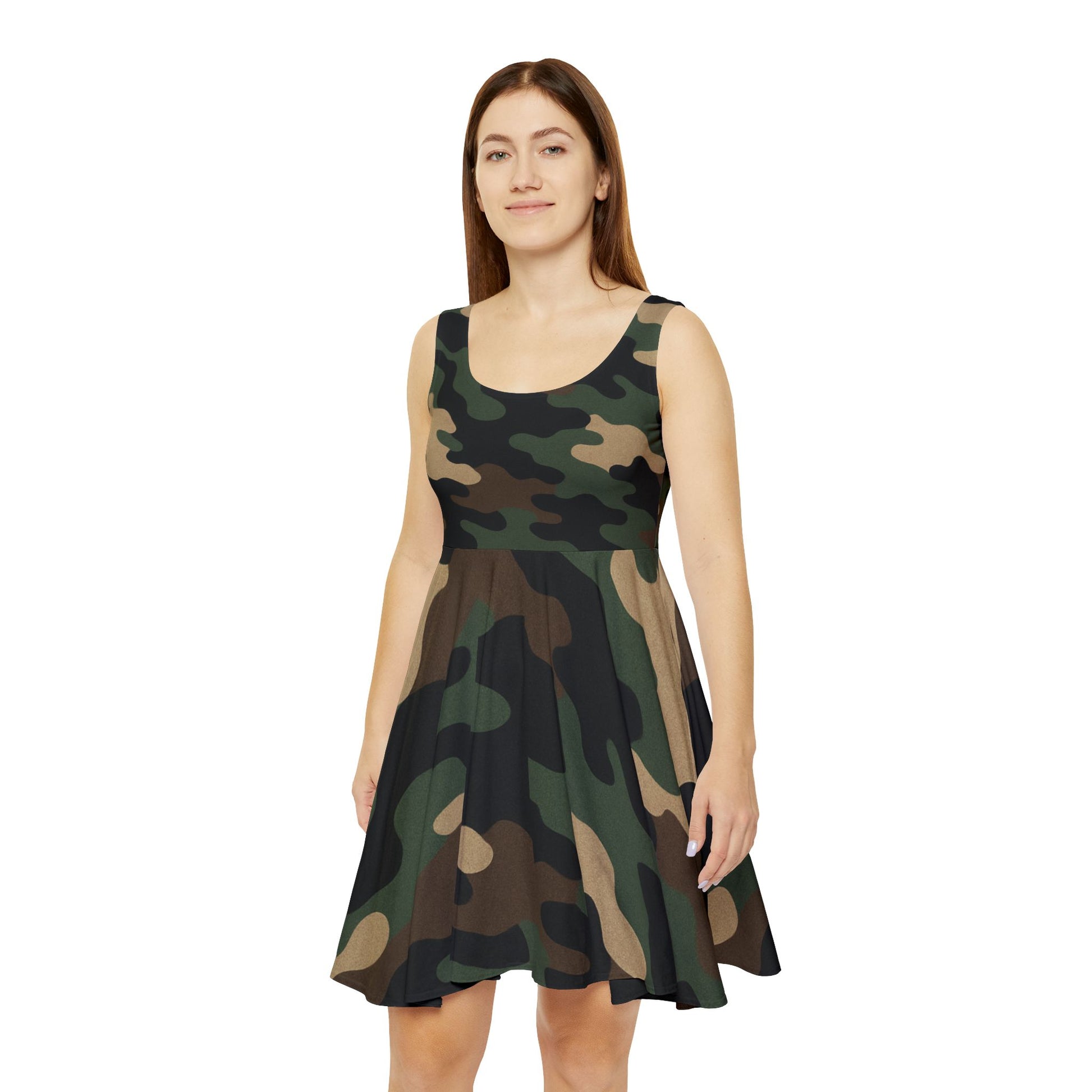 Camo AOP Skater Dress for Women, Stylish Casual Dress, Summer Outfit, Trendy Party Dress, Outdoor Wear, Military Style - TRV
