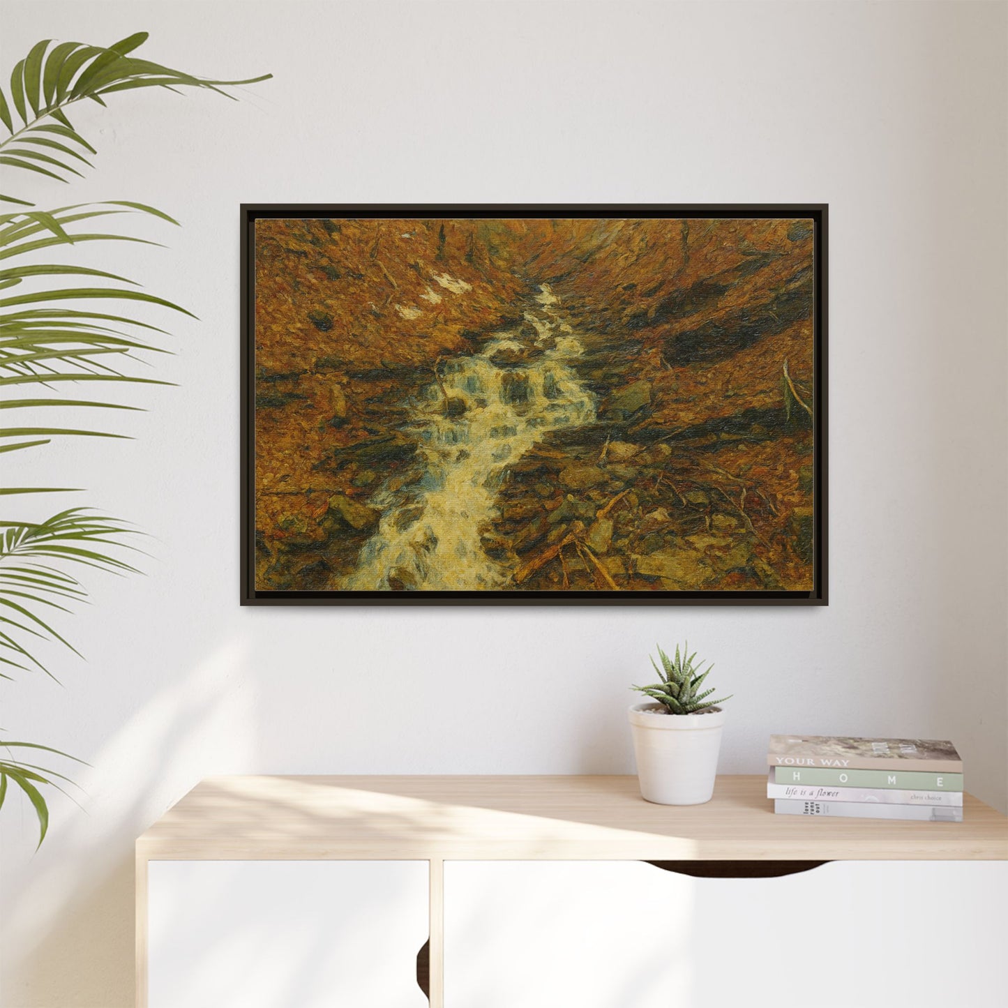 Serene Abstract Nature Canvas Art, Framed Wall Decor, Rustic Home Accent, Earthy Tone Artwork, Tranquil River Scene - TRV