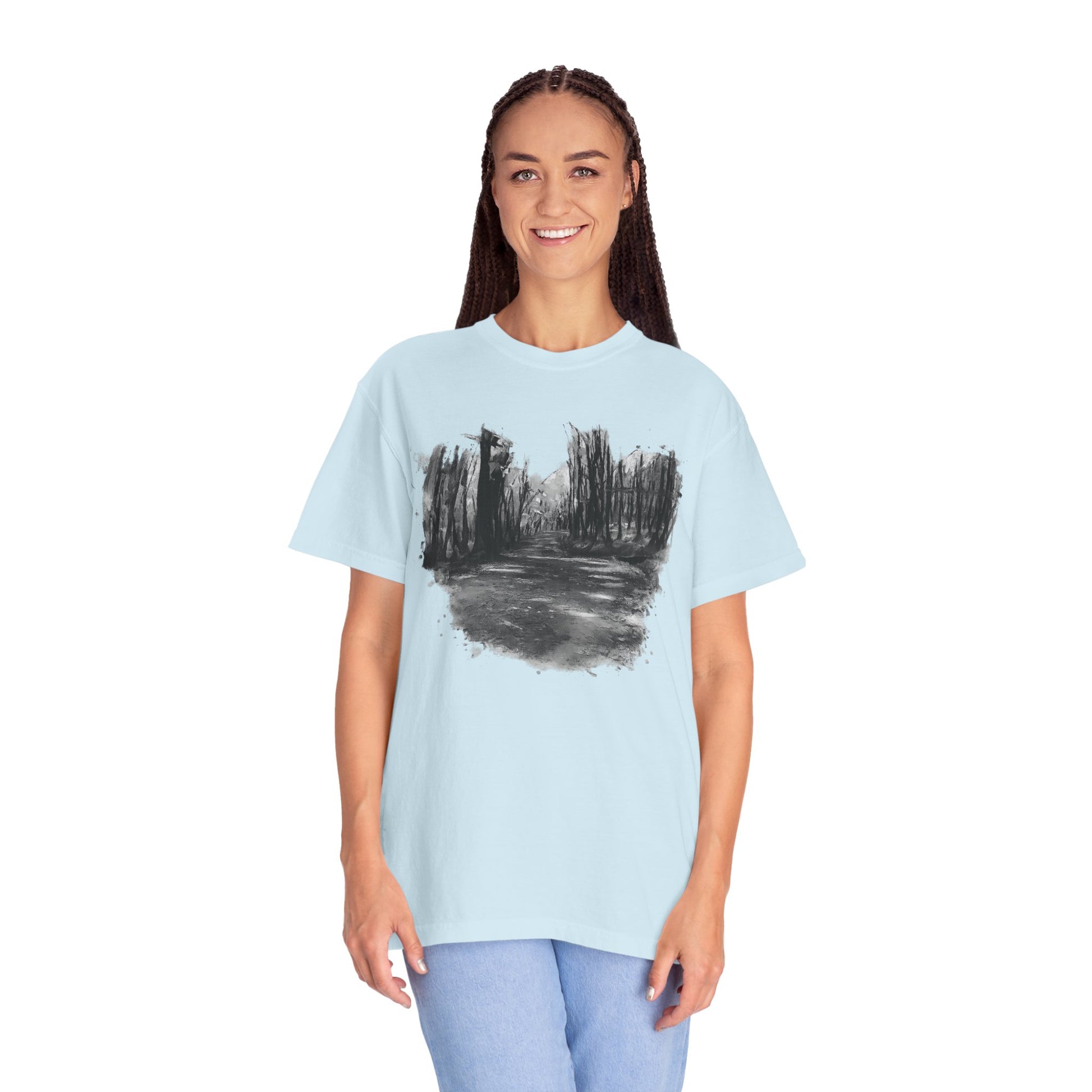 Artistic Forest Scene T-shirt | Nature Lover Gift, Outdoor Adventure Tee, Eco-Friendly Fashion, Vintage Inspired Clothing, Unisex Gift - TRV