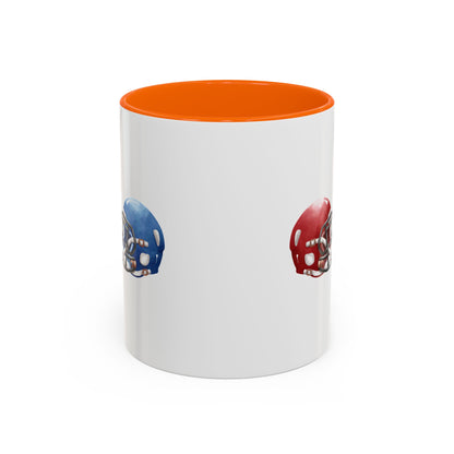 Football Helmet Coffee Mug — Red vs Blue Rivalry Accent Mug (11/15oz)