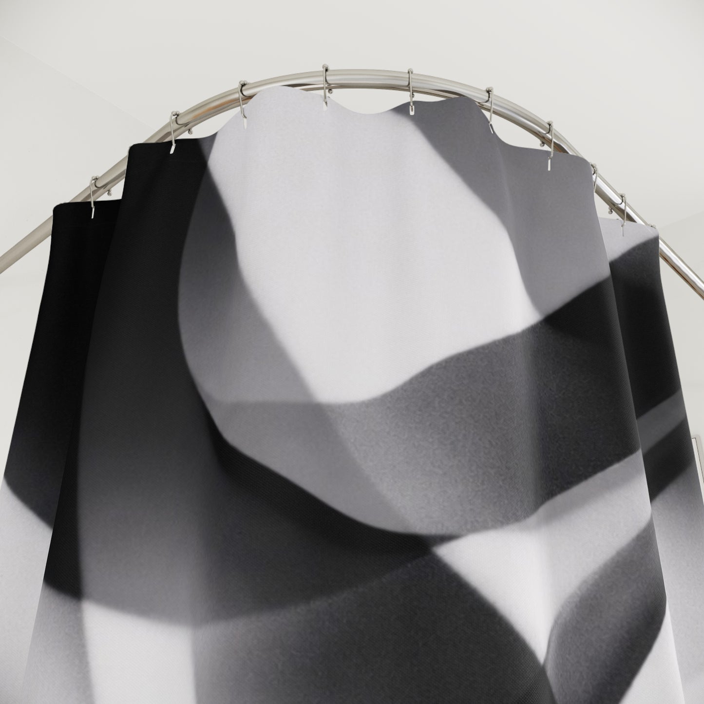Abstract black and white waves shower curtain featuring modern geometric design, ideal for stylish bathroom decor.