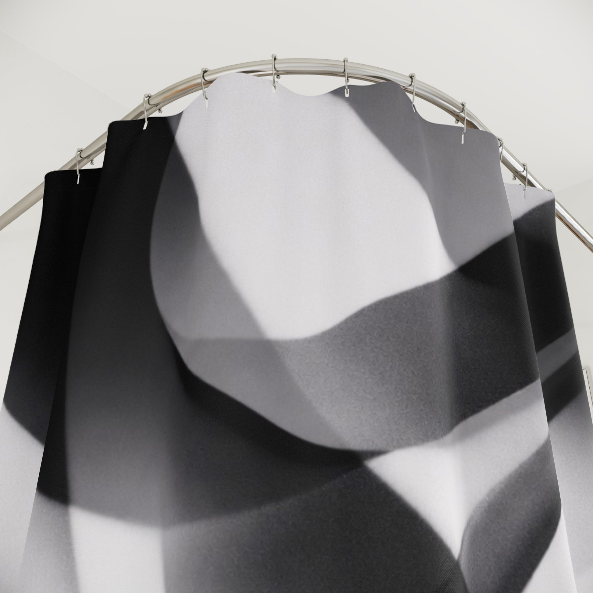 Abstract black and white waves shower curtain featuring modern geometric design, ideal for stylish bathroom decor.