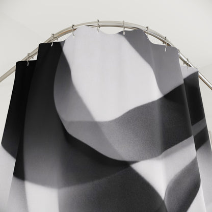 Abstract black and white waves shower curtain featuring modern geometric design, ideal for stylish bathroom decor.