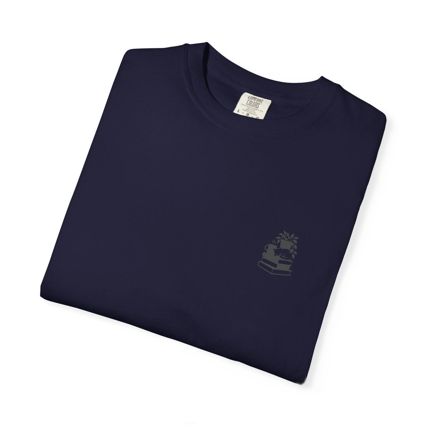 Cozy Cat on Books T-Shirt | Reading Tea Stack Illustration