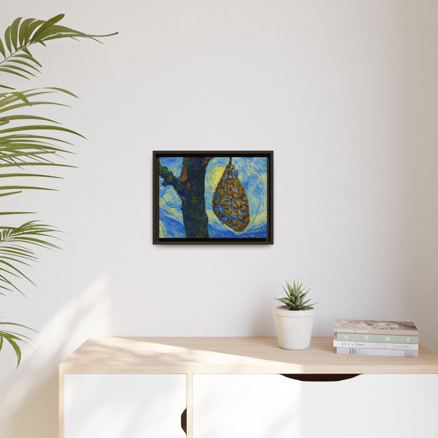 Framed Matte Canvas Art — Van Gogh-Style Swirling Night with Hanging Beehive