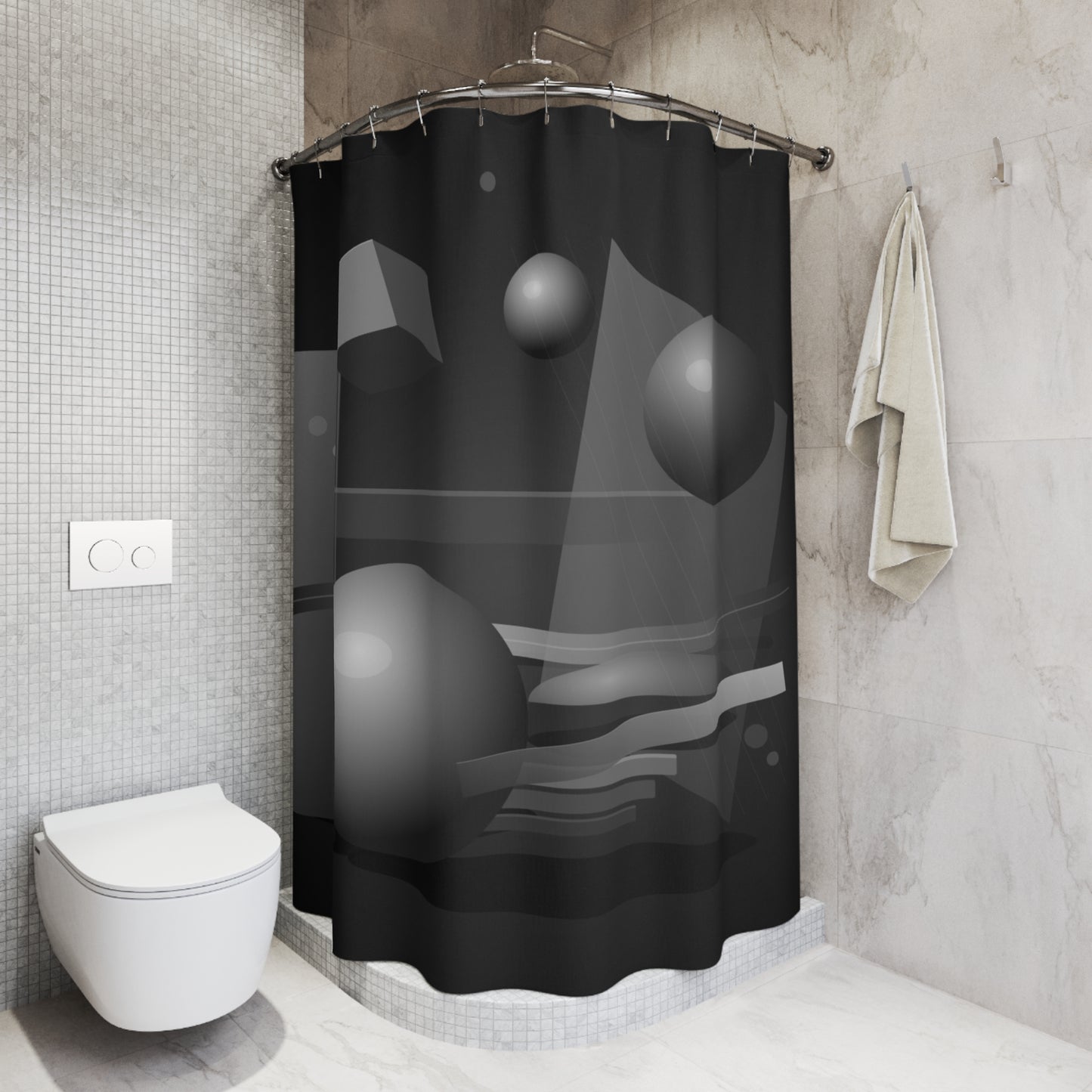 Monochrome 3D Shapes Shower Curtain | Abstract Geometric Bathroom Decor