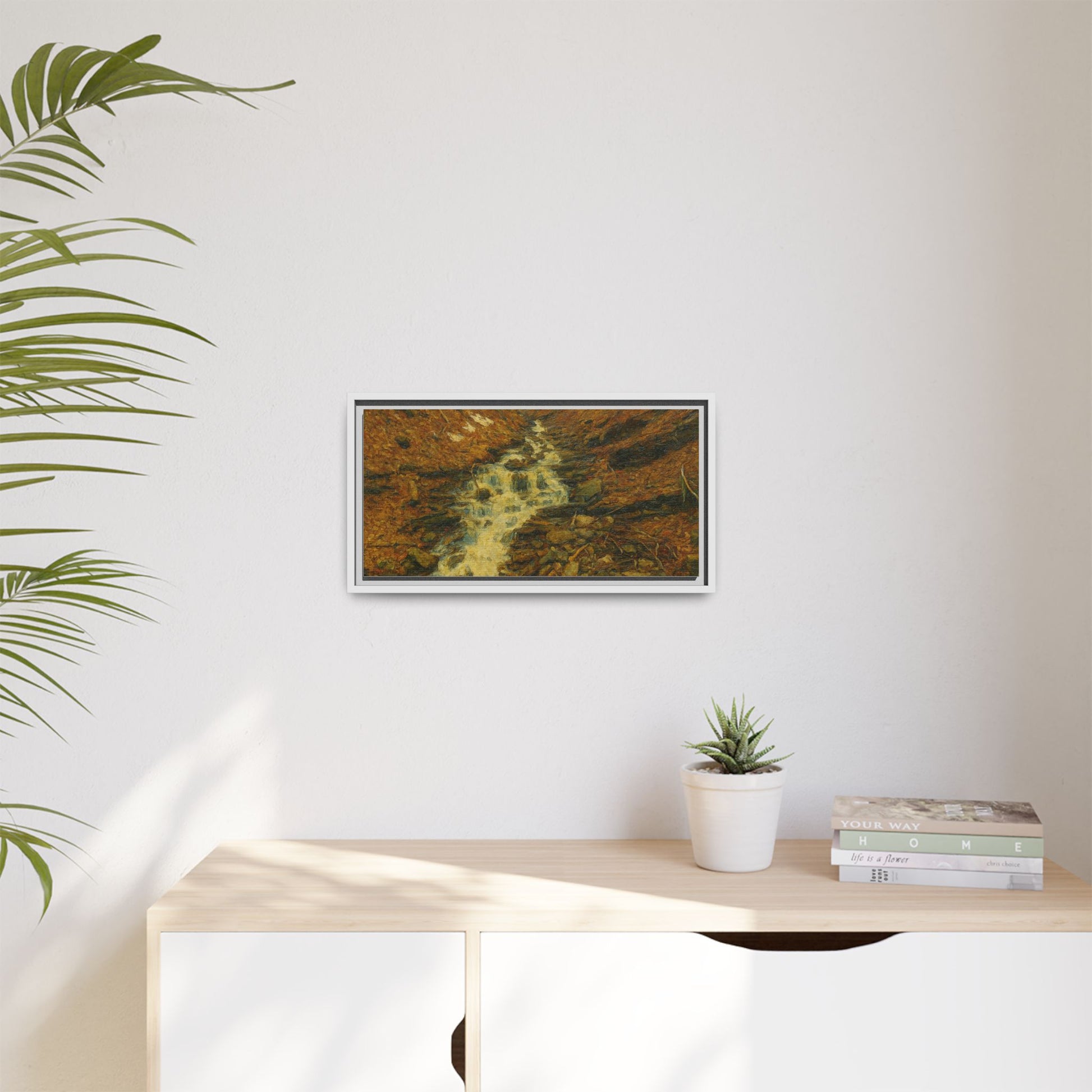Serene Abstract Nature Canvas Art, Framed Wall Decor, Rustic Home Accent, Earthy Tone Artwork, Tranquil River Scene - TRV