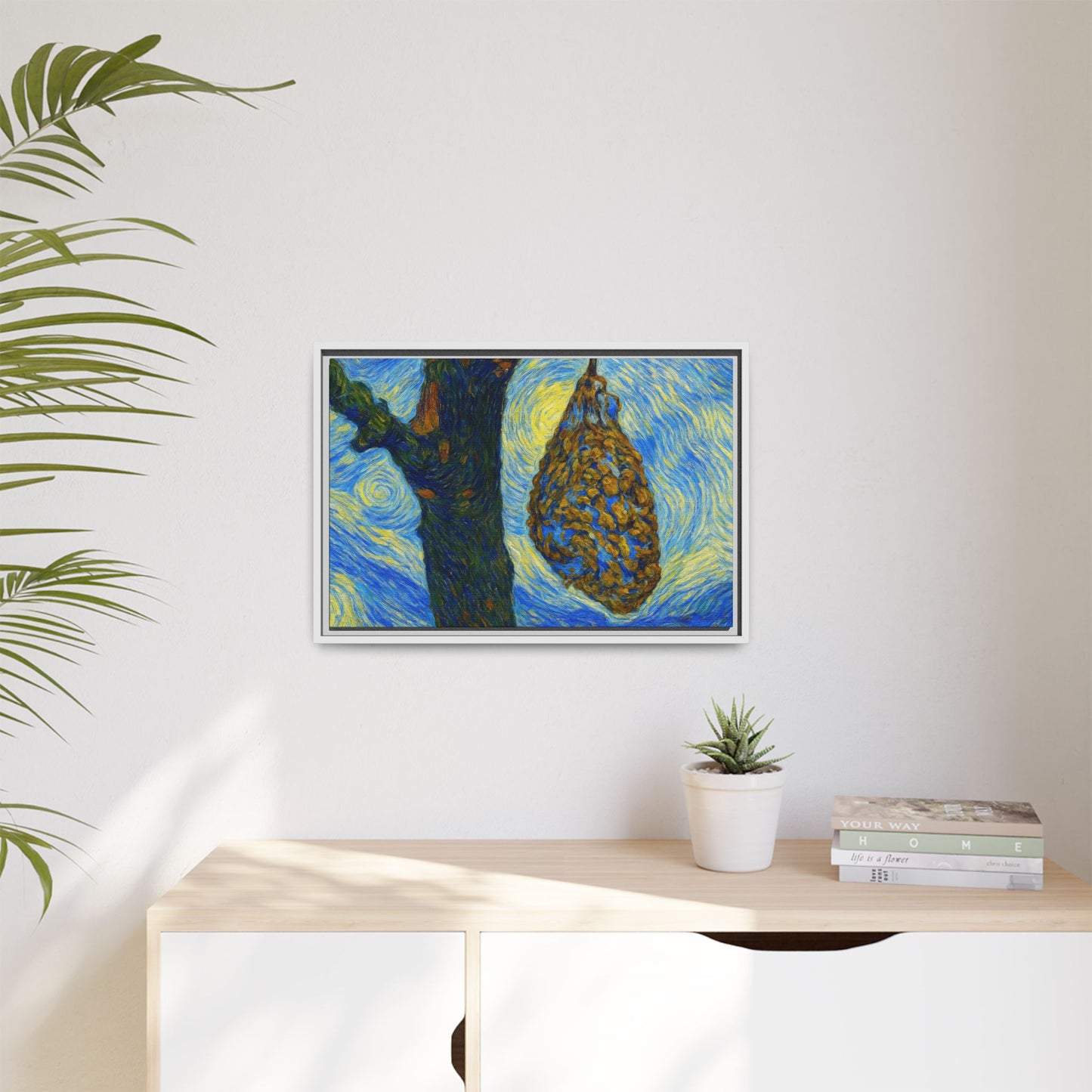Framed Matte Canvas Art — Van Gogh-Style Swirling Night with Hanging Beehive