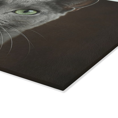 Russian Blue Cat Glass Cutting Board — Decorative Kitchen Cutting Board with Green-Eyed Cat Portrait