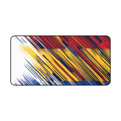 Colorful abstract flag brushstroke desk mat with red, yellow, and blue tones for gaming or office use, featuring vibrant home decor design.