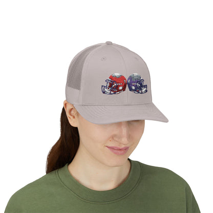 Sporty Snapback Trucker Cap with Football Helmets, Baseball Cap, Outdoor Activity Hat, Gift for Sports Fans, Team Spirit Wear - TRV
