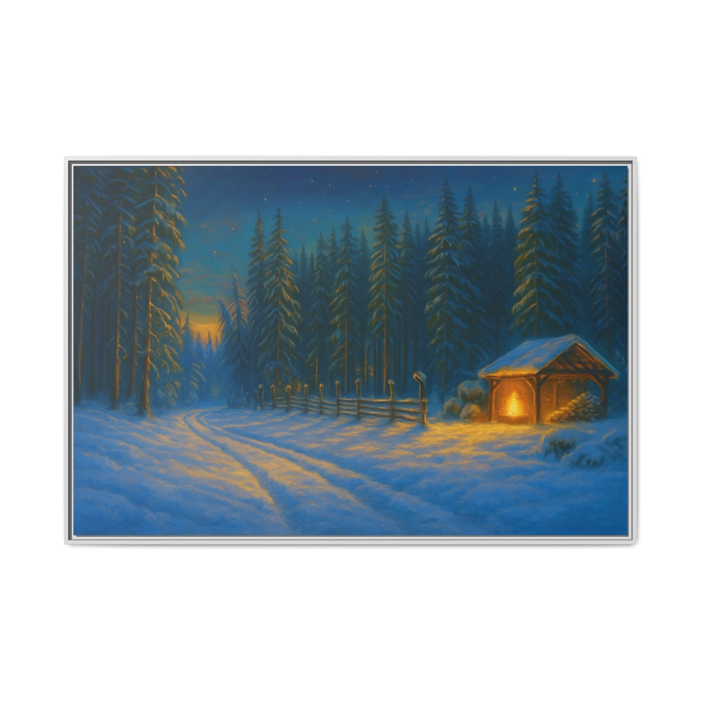 Framed Winter Landscape Canvas, Cozy Cabin Art, Christmas Decor, Winter Home Decor, Holiday Gift, Wall Art - TRV