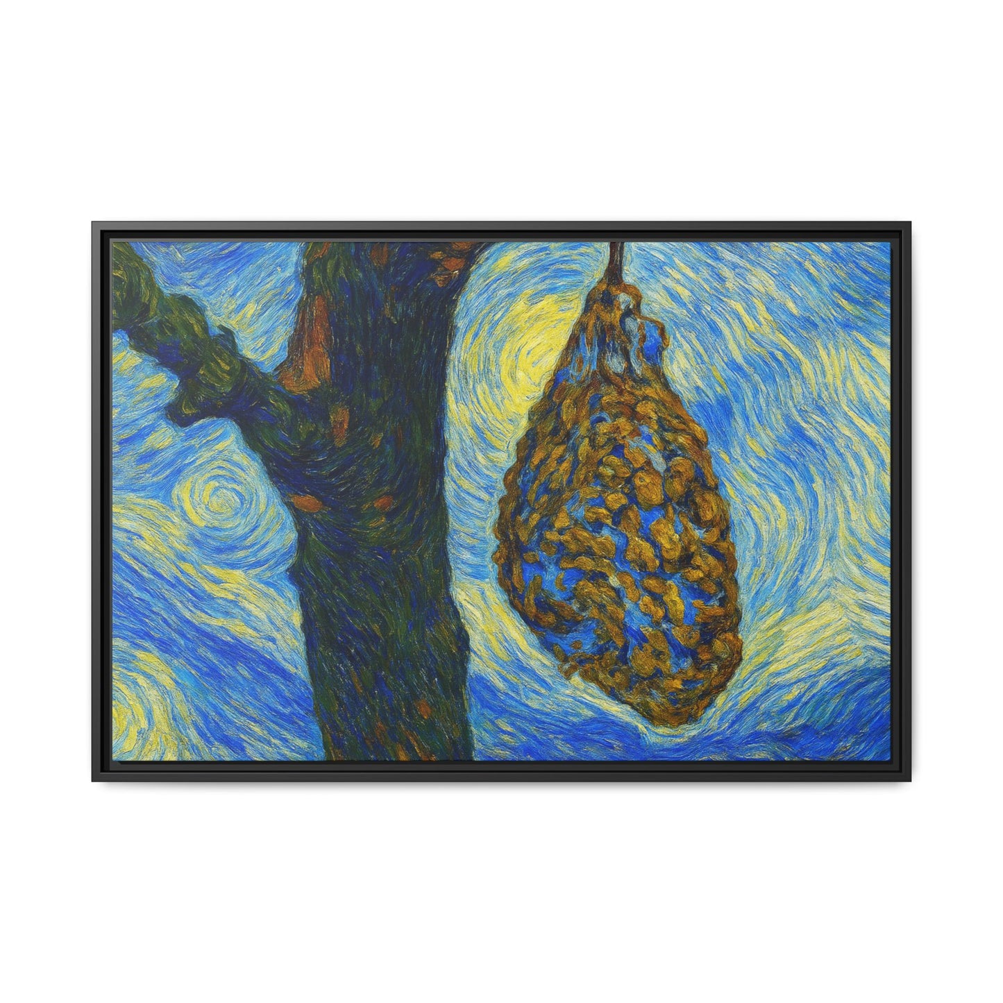 Framed Matte Canvas Art — Van Gogh-Style Swirling Night with Hanging Beehive