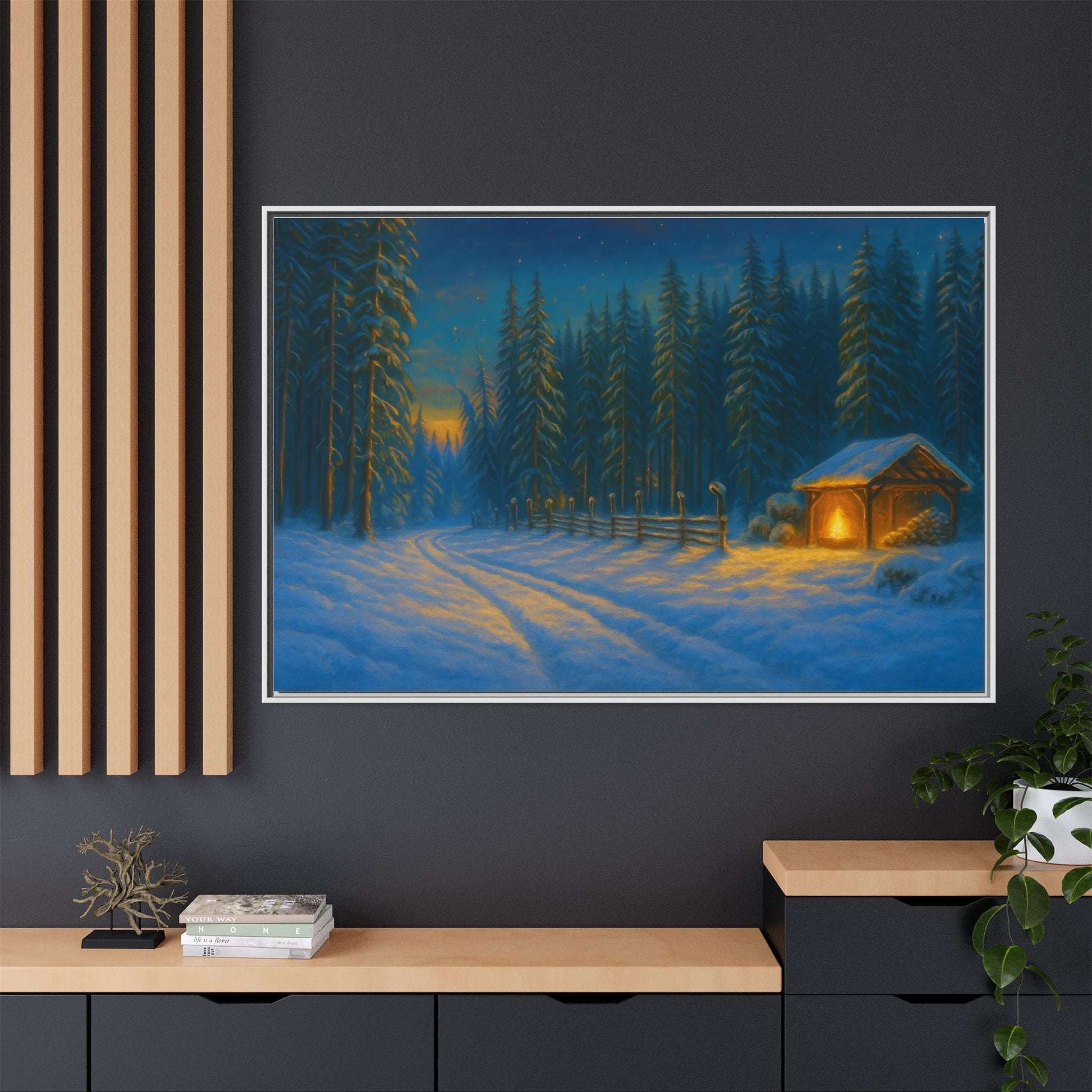 Framed Winter Landscape Canvas, Cozy Cabin Art, Christmas Decor, Winter Home Decor, Holiday Gift, Wall Art - TRV
