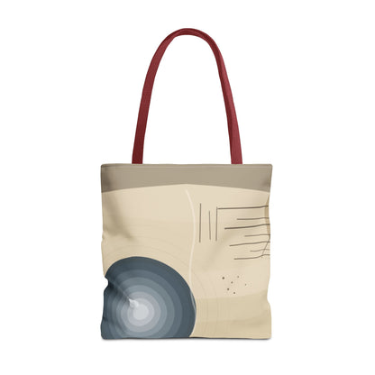 Printify abstract tote bag with neutral wave and geometric circle pattern, showcasing a spacious and stylish bag design.