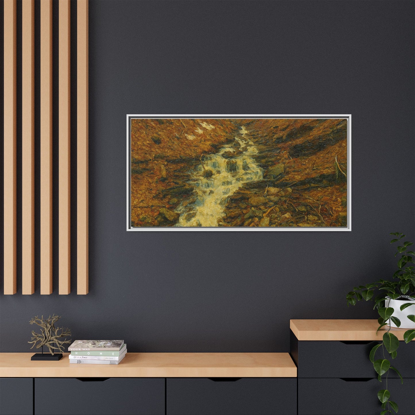 Serene Abstract Nature Canvas Art, Framed Wall Decor, Rustic Home Accent, Earthy Tone Artwork, Tranquil River Scene - TRV