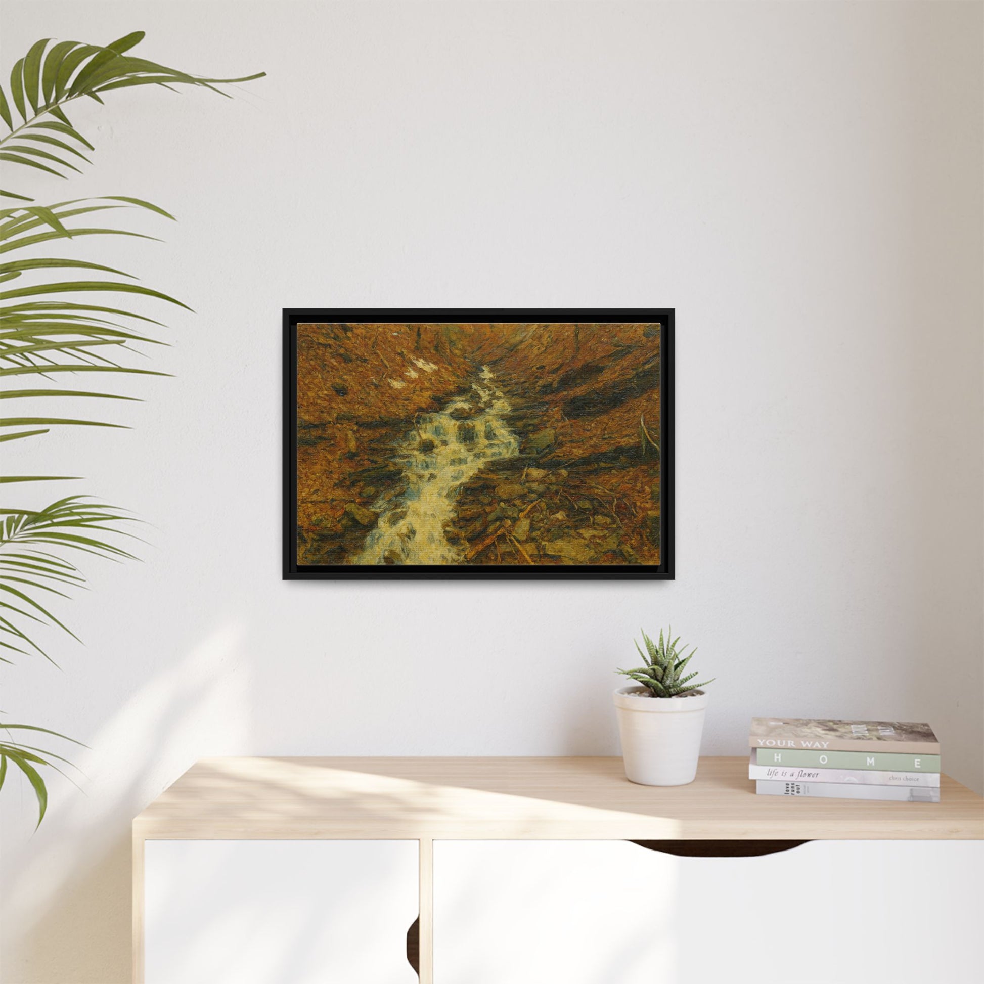 Serene Abstract Nature Canvas Art, Framed Wall Decor, Rustic Home Accent, Earthy Tone Artwork, Tranquil River Scene - TRV