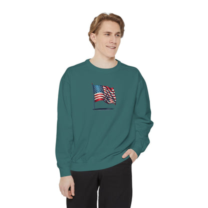 Patriotic Unisex Garment-Dyed Sweatshirt with Vintage American Flag, Cozy Fall Outfit, Statement Sweater, Gift for Veterans, Casual Fashion - TRV