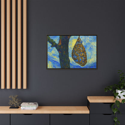 Framed Matte Canvas Art — Van Gogh-Style Swirling Night with Hanging Beehive
