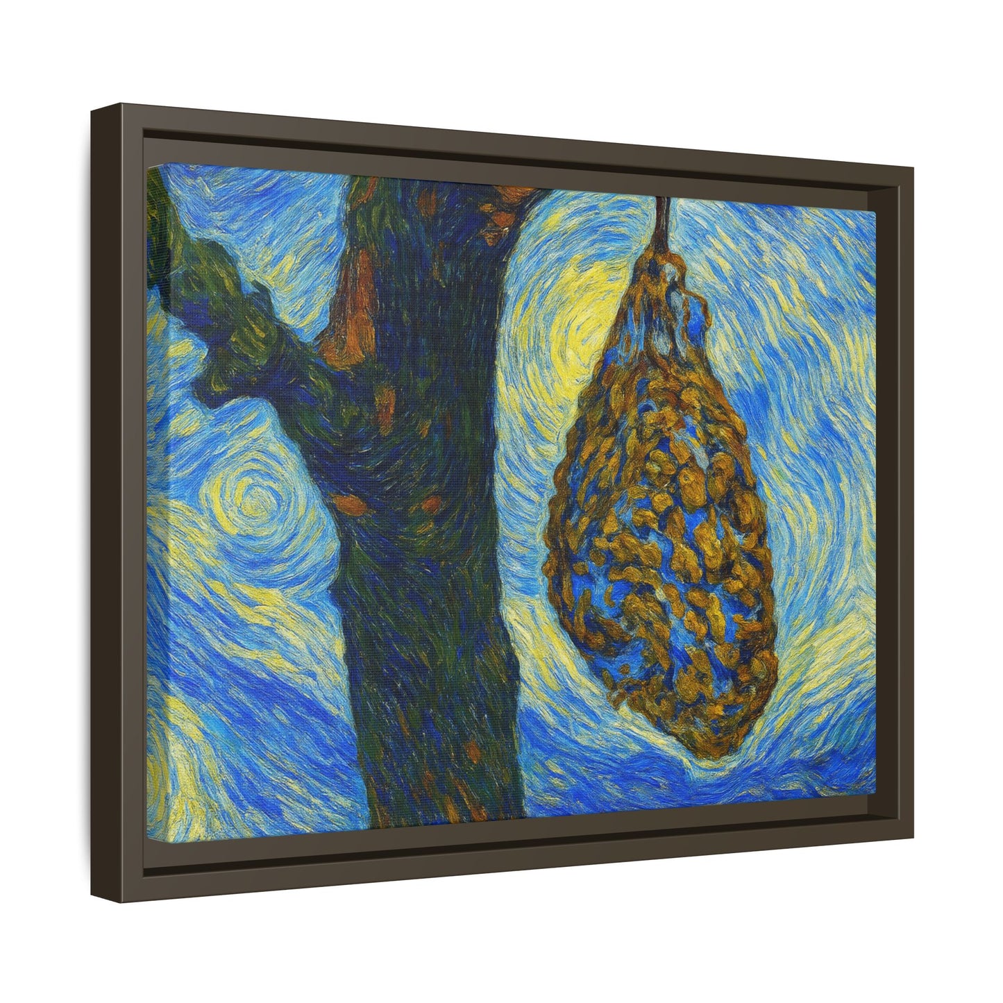 Framed Matte Canvas Art — Van Gogh-Style Swirling Night with Hanging Beehive