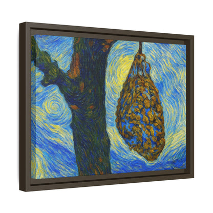 Framed Matte Canvas Art — Van Gogh-Style Swirling Night with Hanging Beehive