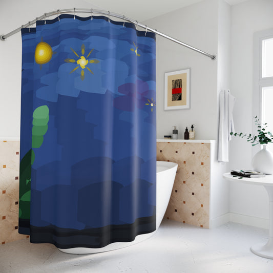 Starry Night Blue Shower Curtain | Nautical Ocean Waves Stars