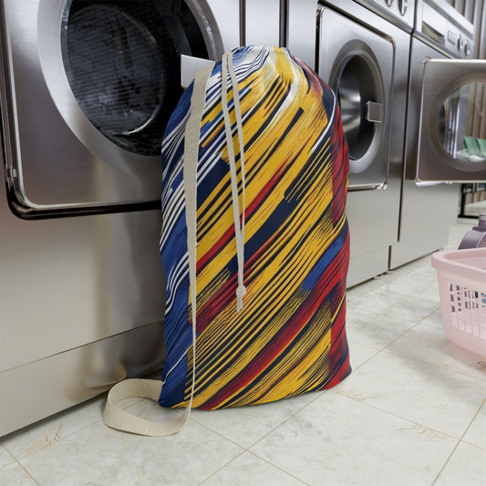 Colorful abstract brushstroke laundry bag in red, yellow, and blue tote for dorms and travel by Printify.