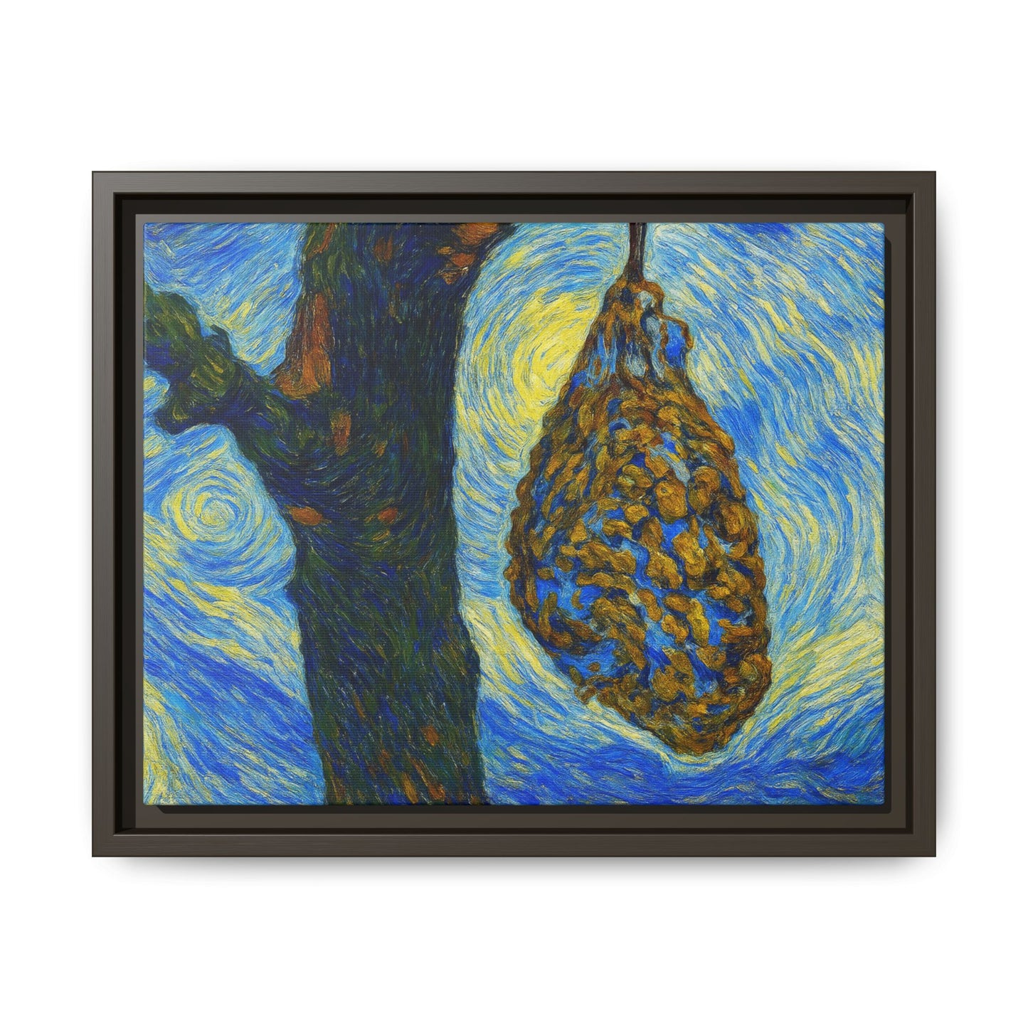 Framed Matte Canvas Art — Van Gogh-Style Swirling Night with Hanging Beehive