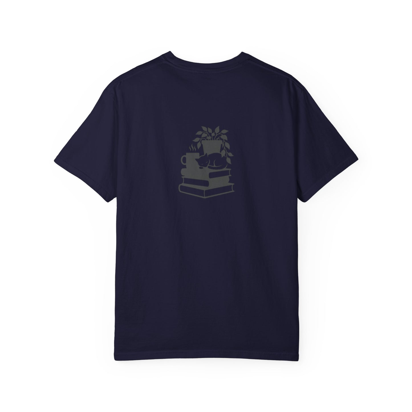 Cozy Cat on Books T-Shirt | Reading Tea Stack Illustration